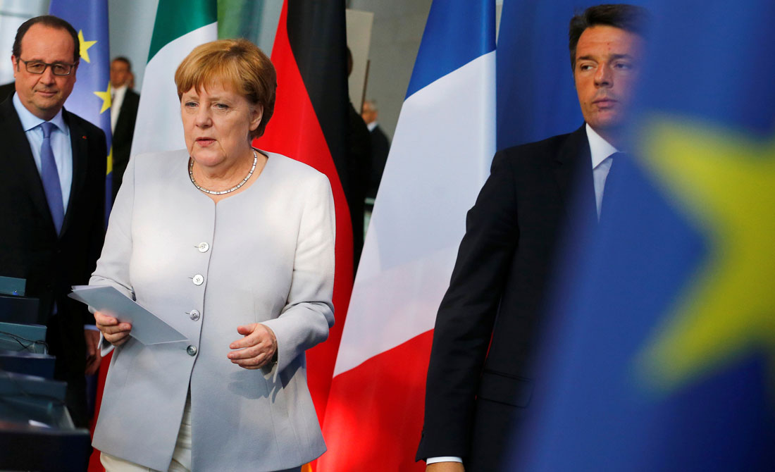 Junio de 2016. Rueda de prensa de Angela Merkel, Francois Hollande y Matteo Renzi sobre el Brexit.