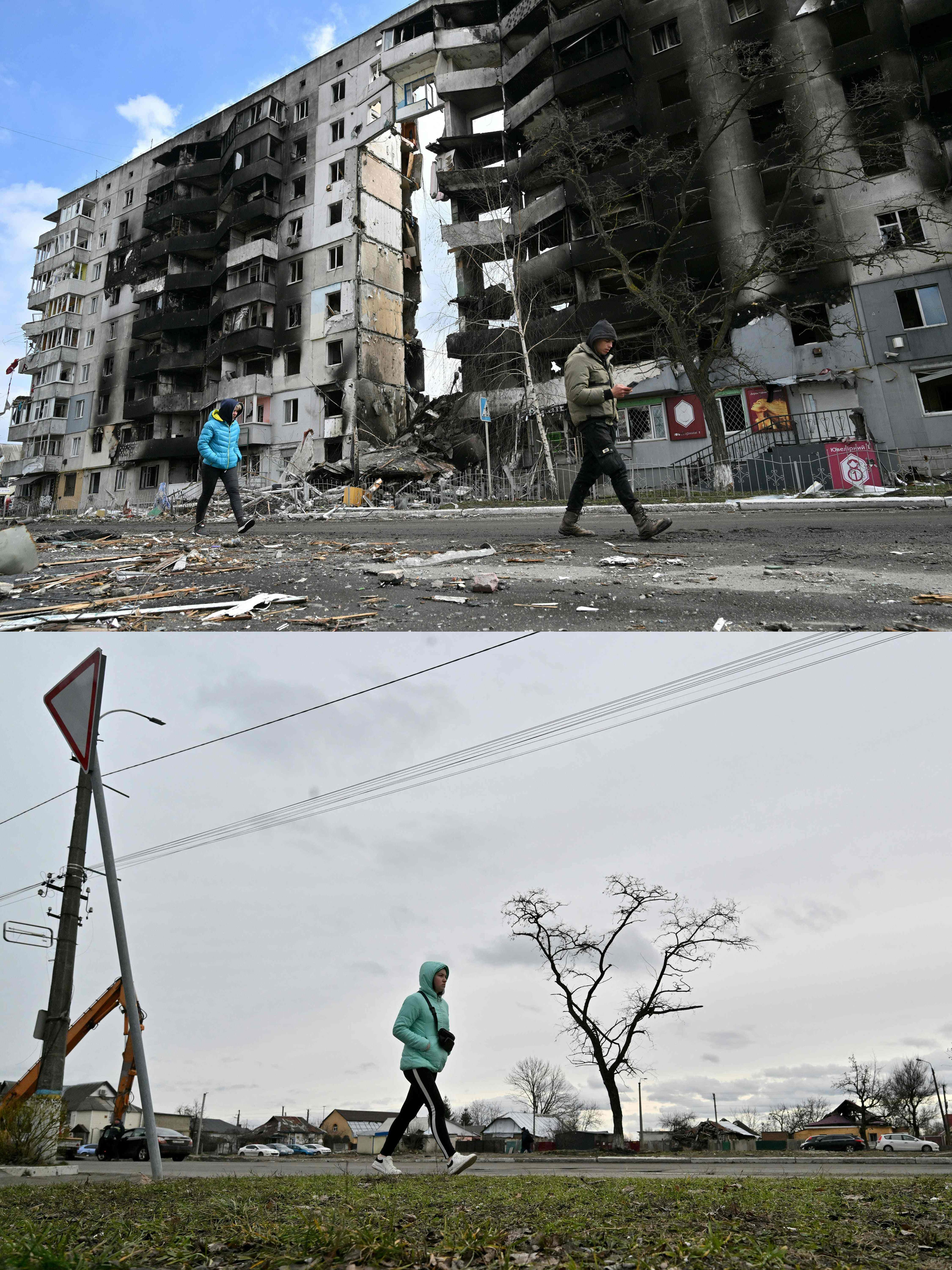 Borodianka. 4 de abril de 2022 / 8 de febrero de 2024. Varias personas caminan entre las ruinas de edificios derruidos en Borodianka / Una mujer pasa por la misma calle, ya si ningn edificio.