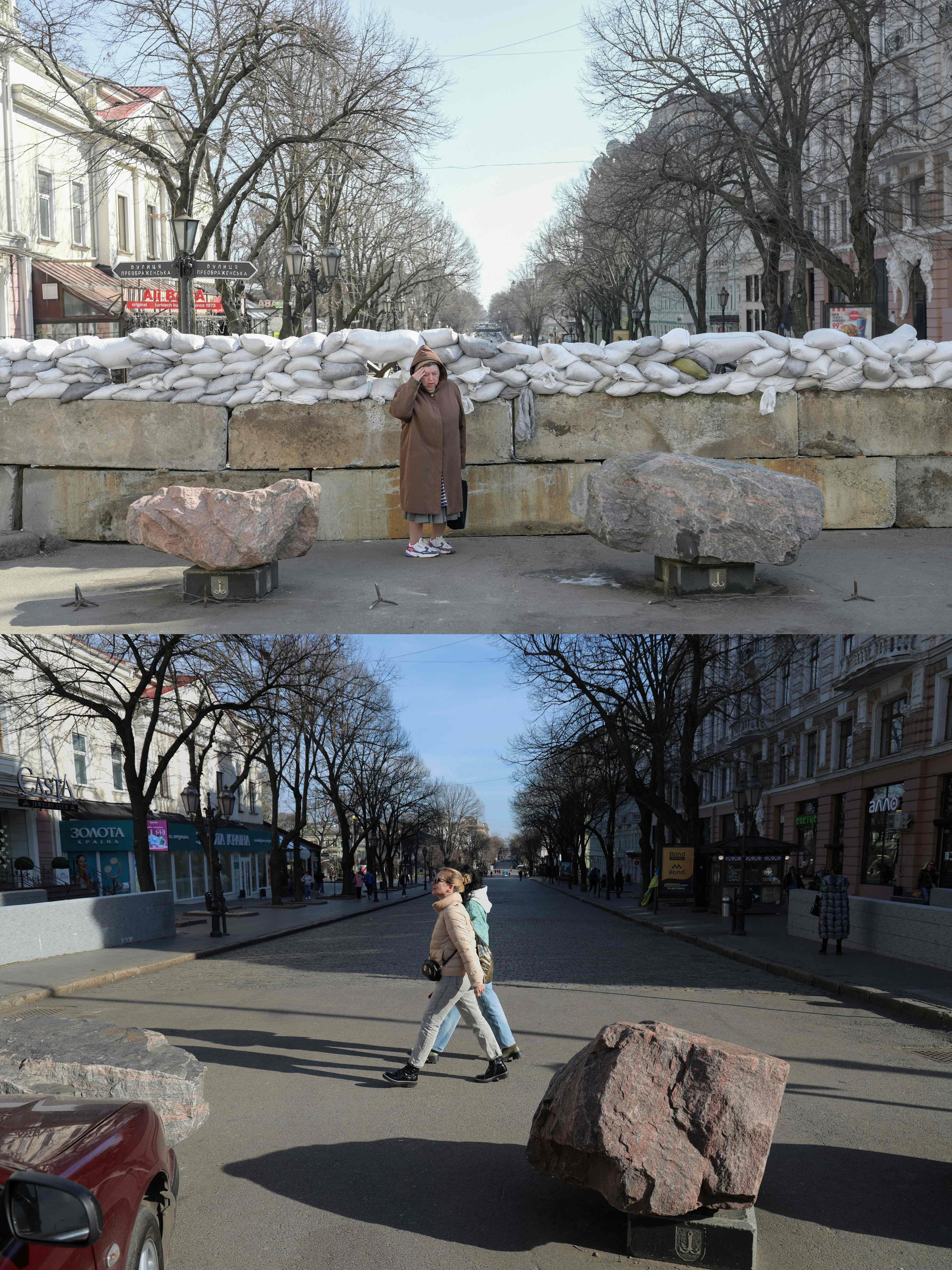 Odesa. 13 de marzo de 2022 / 9 de febrero de 2024. Una vecina de la ciudad surea de Odesa espera junto a una barricada de sacos de arena. / Dos jvenes caminan en la misma zona, donde ya slo quedan unas piedras.