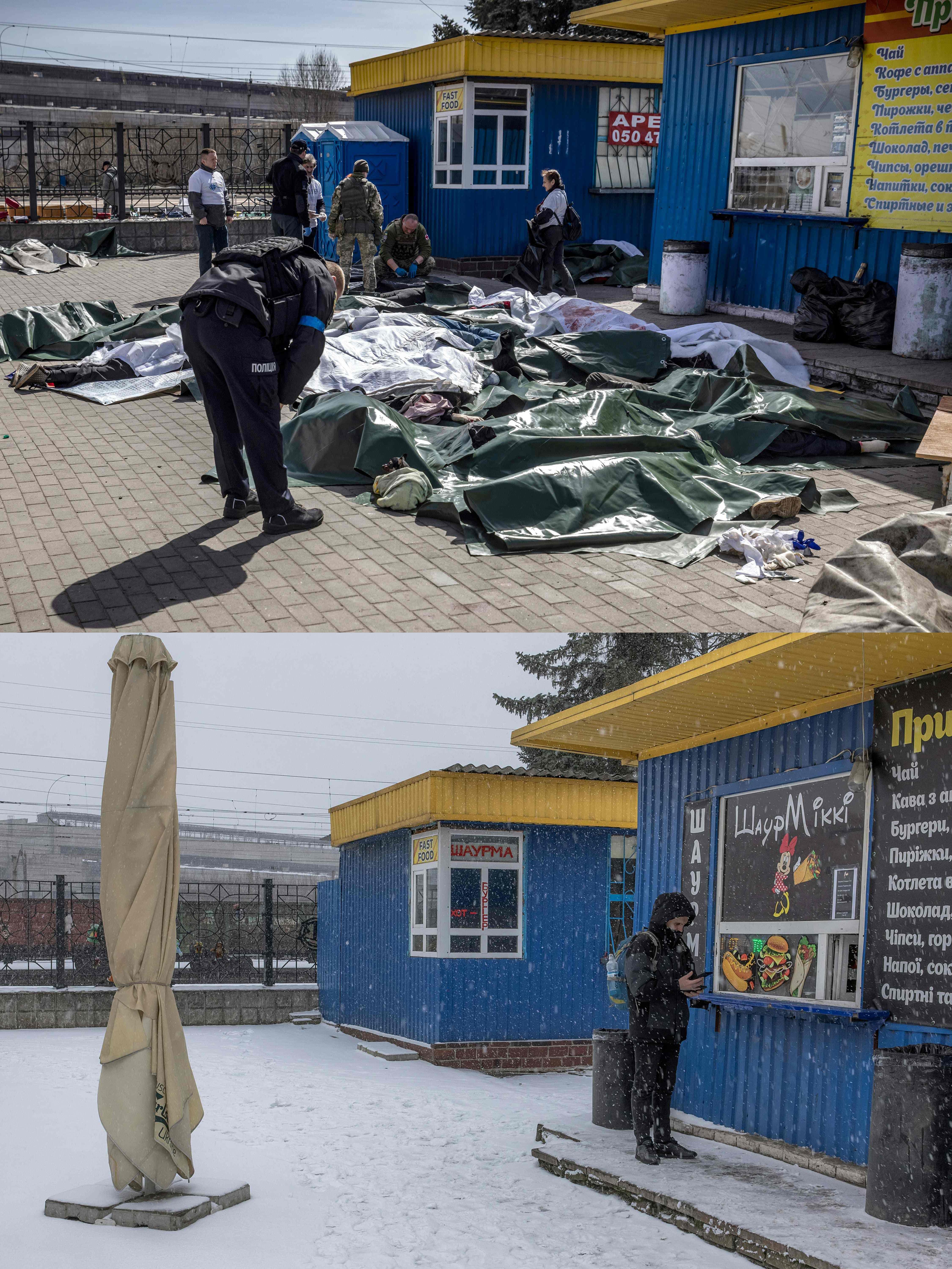 Kramatorsk. 8 de abril de 2022 / 25 de enero de 2024. Un polica ucraniano mira los cuerpos de algunas de las vctimas de un ataque ruso en la estacin de tren de la ciudad de Kramatorsk, en el Donetsk. / Mismo punto de la estacin de tren, en este 2024.